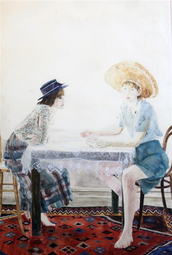 § David Remfry (1942-) Girls in straw hats 39 x 27.5in.